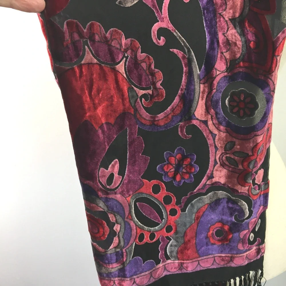 Burnout Paisley‎ Velvet Fringe Wrap Scarf OS Multicolor